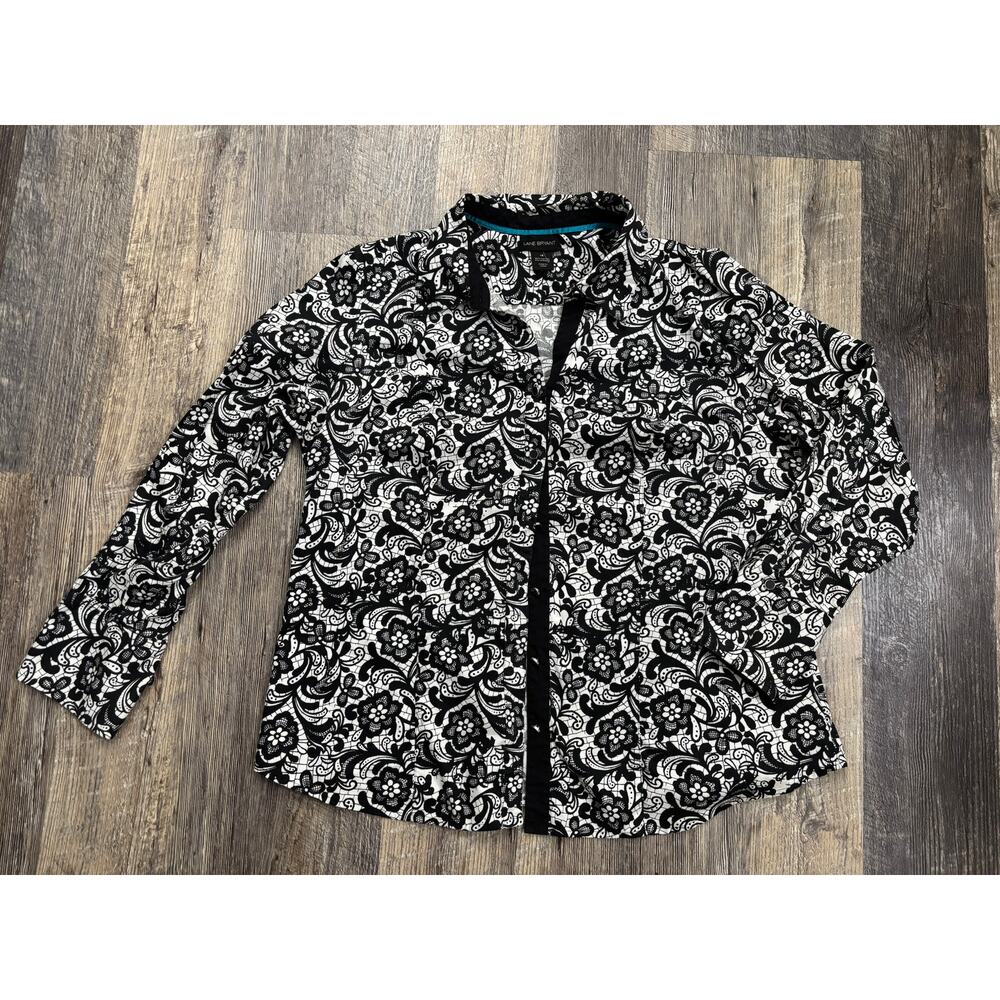 Lane Bryant Womens 18 Black White Floral Paisley Button Down Stretch Cotton